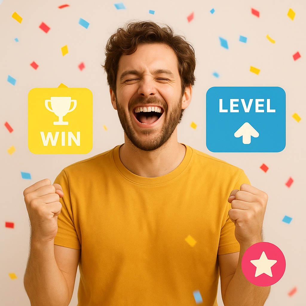 Smiling creator celebrating a ladder win with confetti overlay